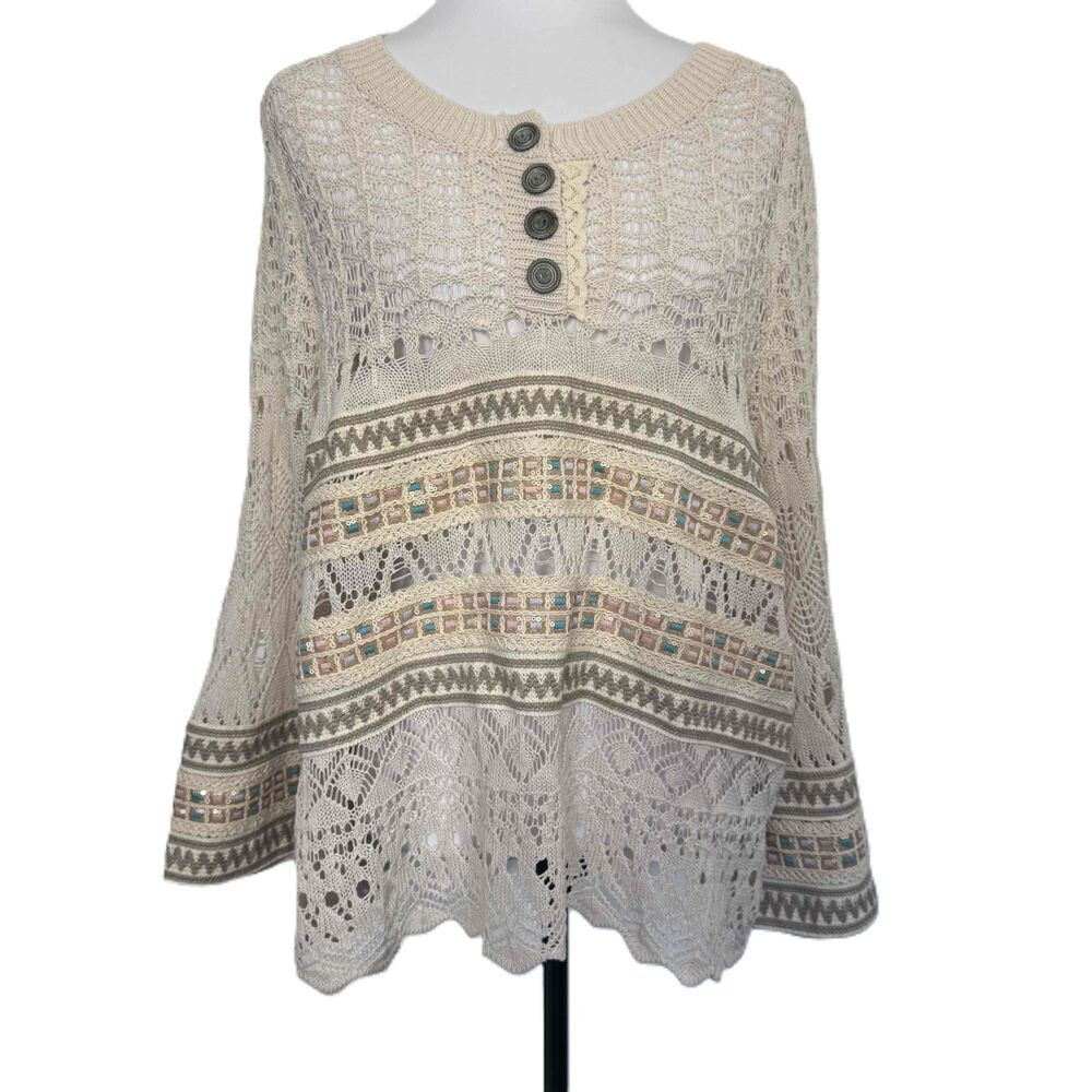POL Sweater Crocheted Cream Multicolor Embroidered Accents Pullover Size Medium‎